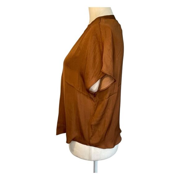 Madison d'Amelie Blouse Chocolate Brown Satin Notch Collar Short Sleeves XS - Picture 3 of 8
